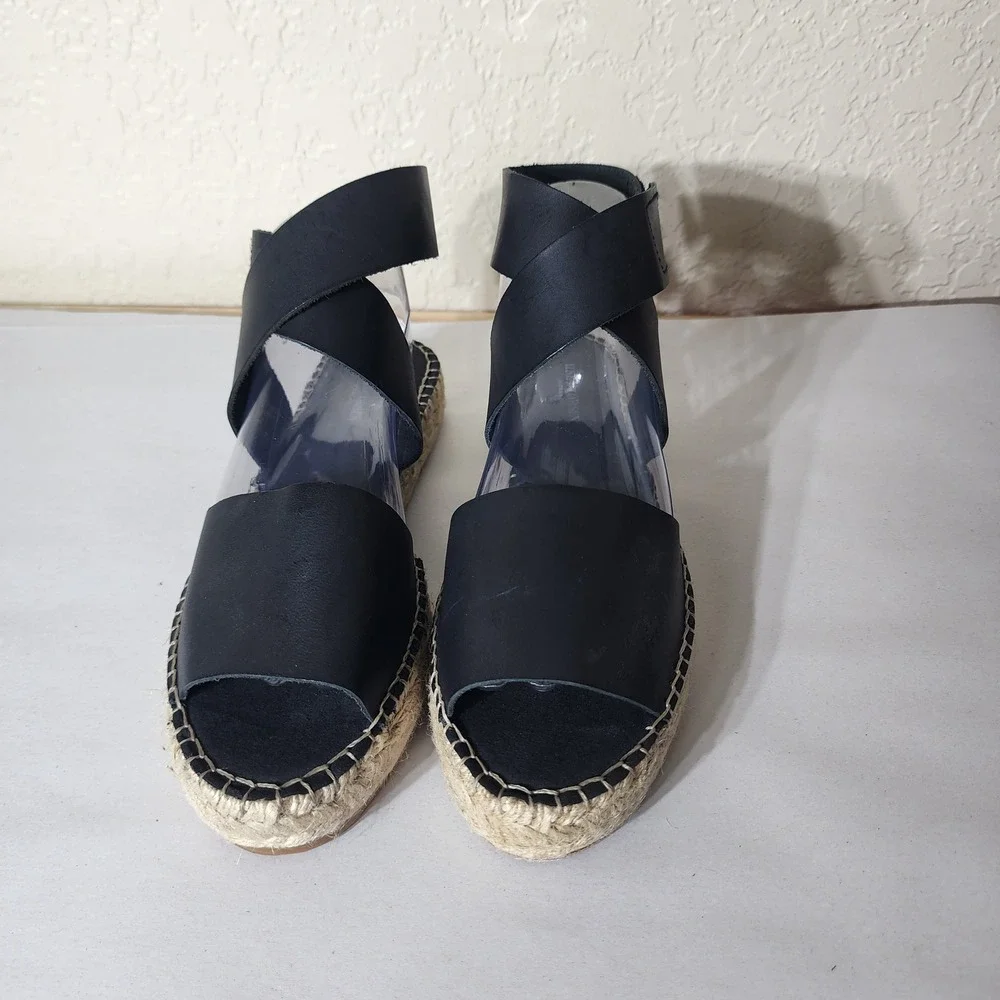 Ilse Jacobsen Hornbaek Black Leather Espadrille Sandals Made in Spain Size 39